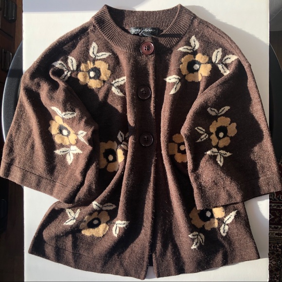Vintage Cropped Cardigan Sweater 3/4 Bell Sleeve Brown Petite Small - Picture 2 of 9